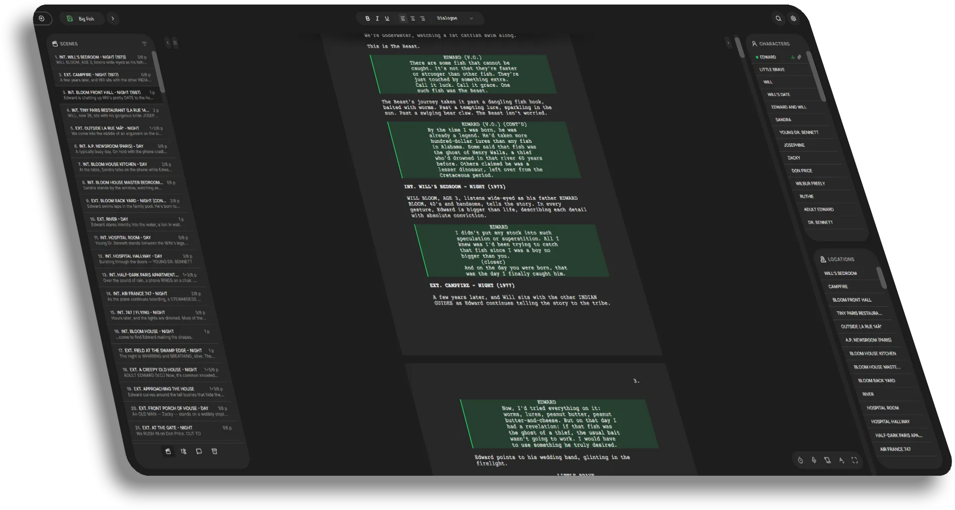 The Scenarly editor showing a screenplay page between scene and character panels